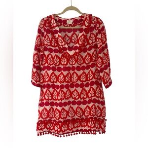 KATE SPADE Red Leaf Print Linen-Silk Blend Cover-Up Kaftan Tunic Dress Size S